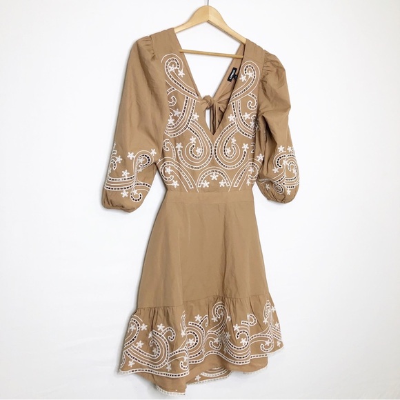 Express tan embroidered v neck open back tie back dress - Picture 12 of 13